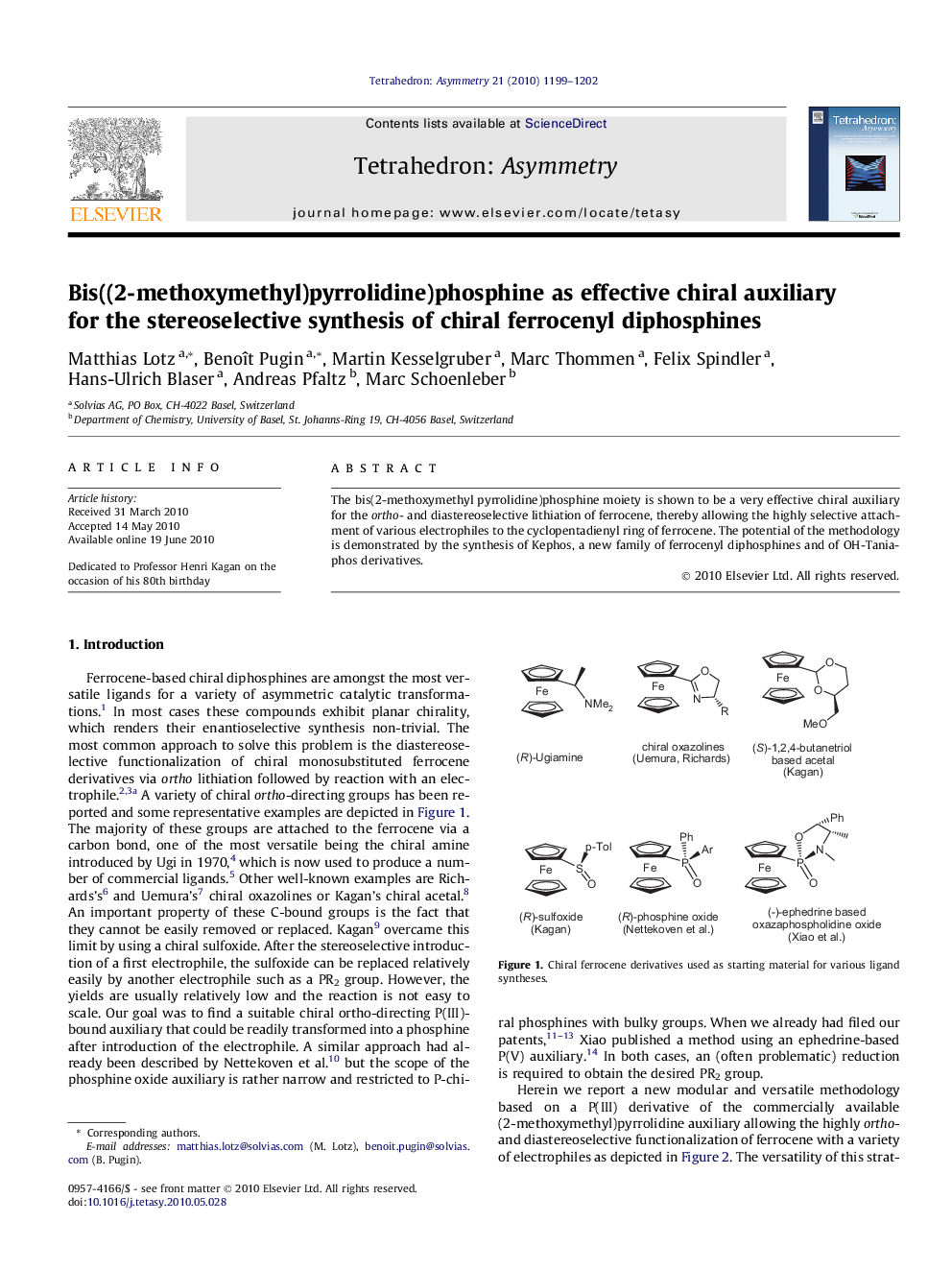 Bis((2-methoxymethyl)pyrrolidine)phosphine as effective chiral auxiliary for the stereoselective synthesis of chiral ferrocenyl diphosphines