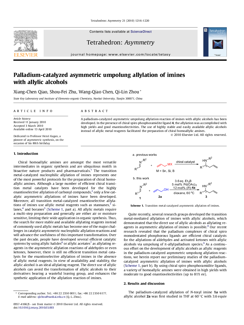 Palladium-catalyzed asymmetric umpolung allylation of imines with allylic alcohols