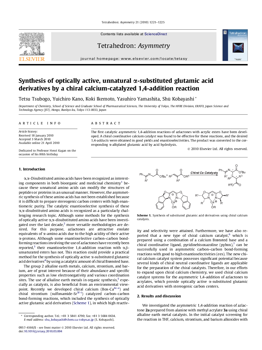 Synthesis of optically active, unnatural α-substituted glutamic acid derivatives by a chiral calcium-catalyzed 1,4-addition reaction