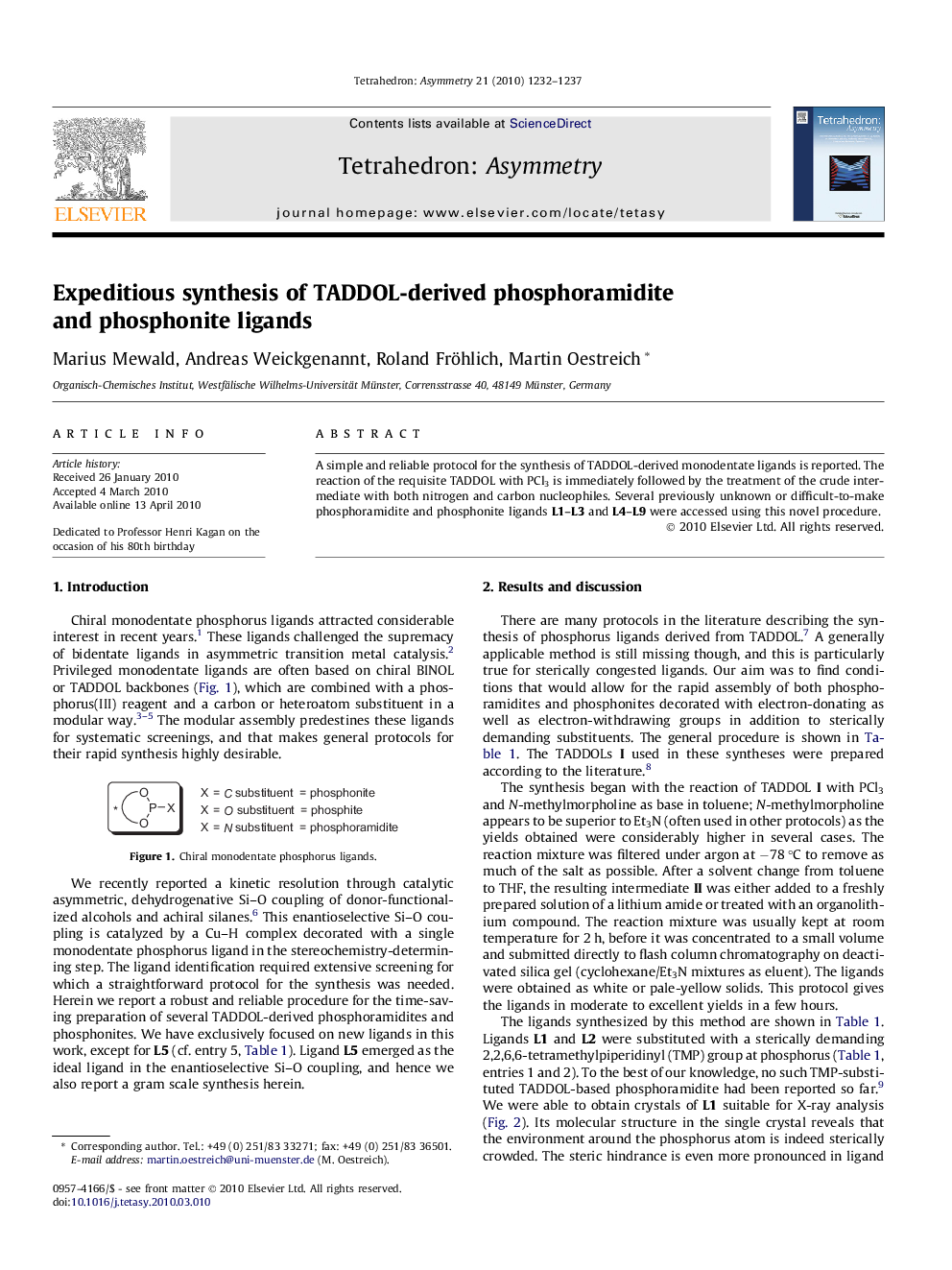 Expeditious synthesis of TADDOL-derived phosphoramidite and phosphonite ligands