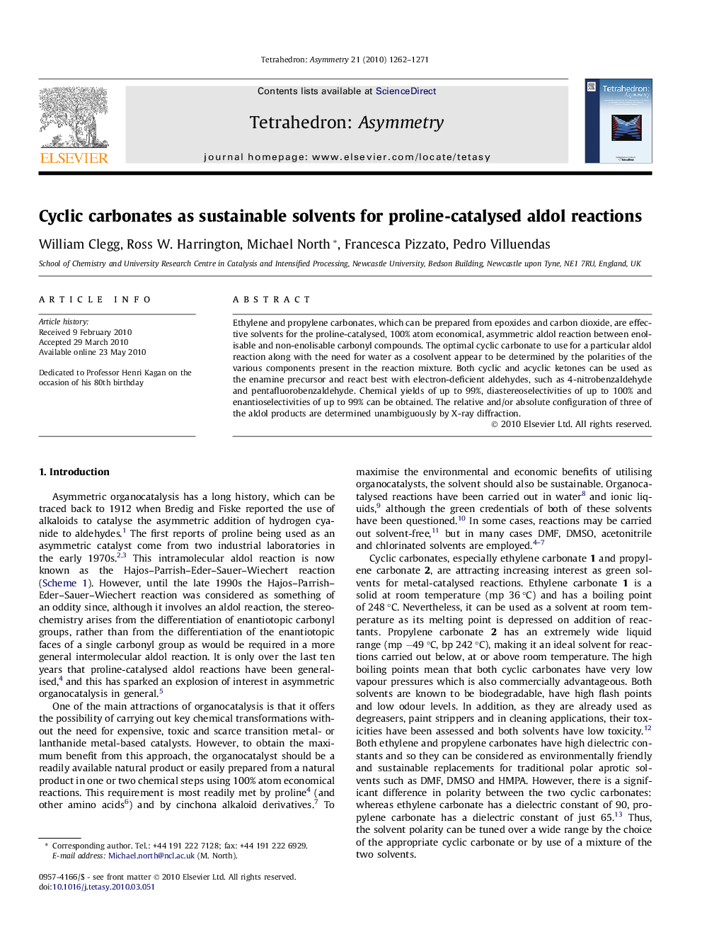 Cyclic carbonates as sustainable solvents for proline-catalysed aldol reactions