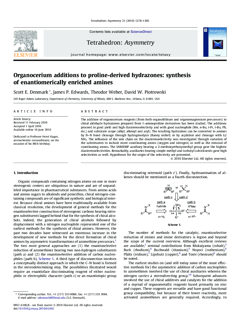 Organocerium additions to proline-derived hydrazones: synthesis of enantiomerically enriched amines