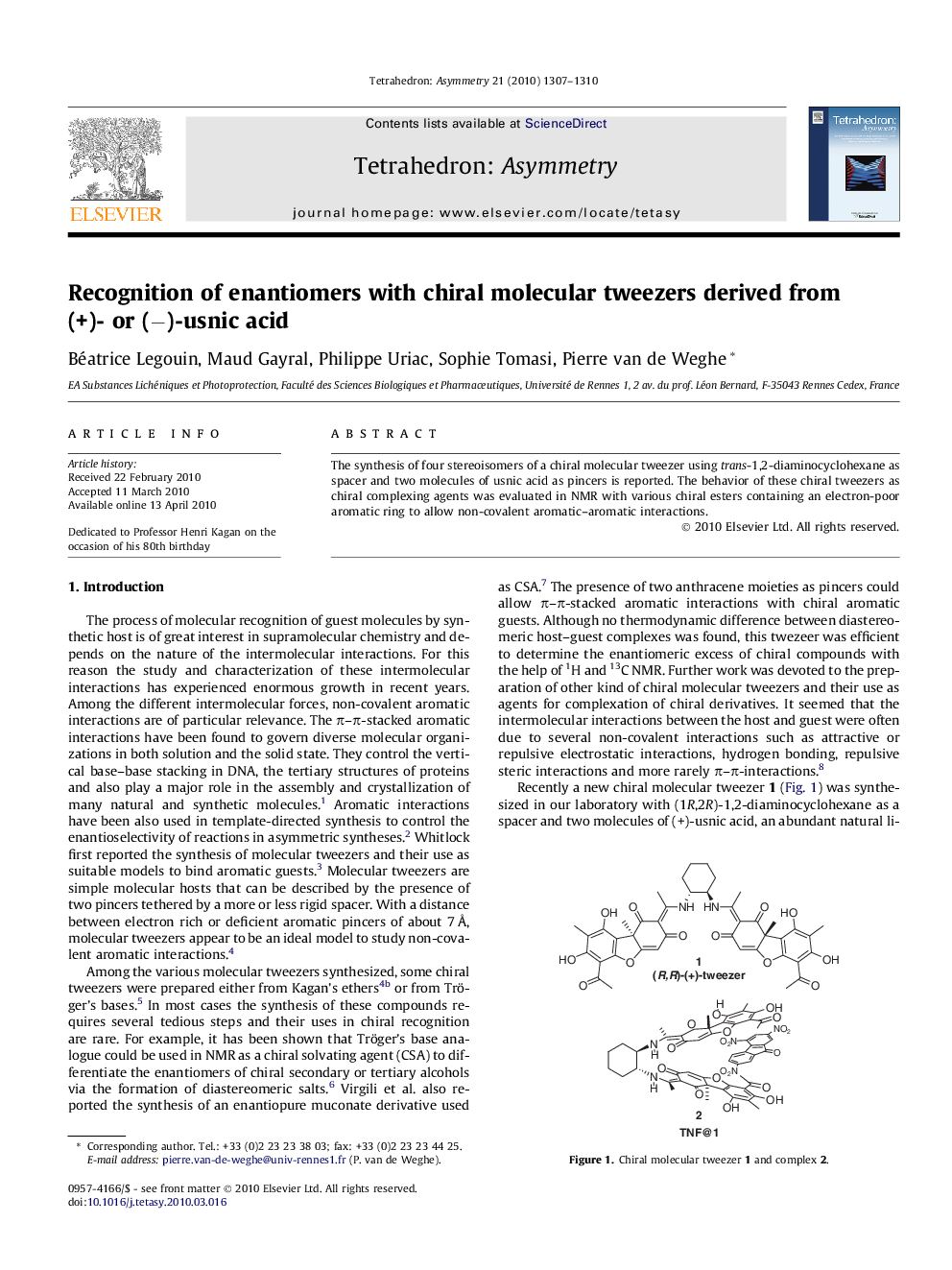 Recognition of enantiomers with chiral molecular tweezers derived from (+)- or (−)-usnic acid