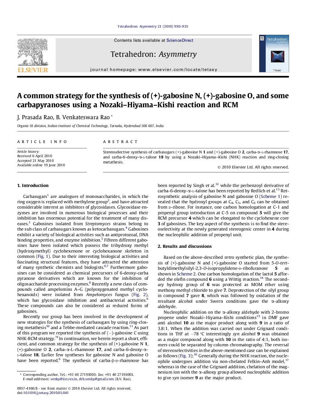 A common strategy for the synthesis of (+)-gabosine N, (+)-gabosine O, and some carbapyranoses using a Nozaki–Hiyama–Kishi reaction and RCM