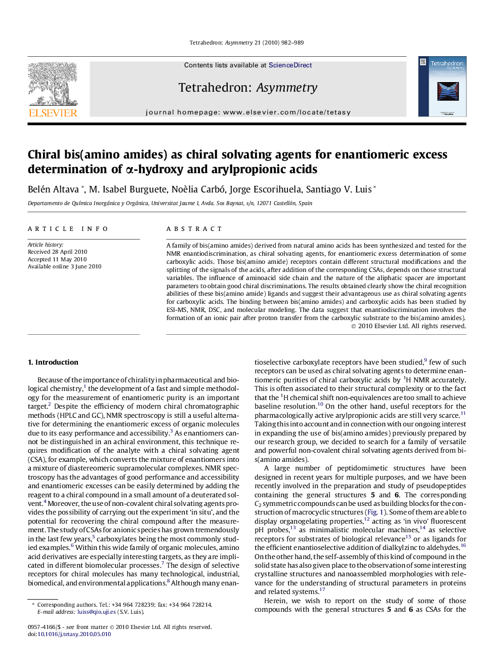 Chiral bis(amino amides) as chiral solvating agents for enantiomeric excess determination of α-hydroxy and arylpropionic acids