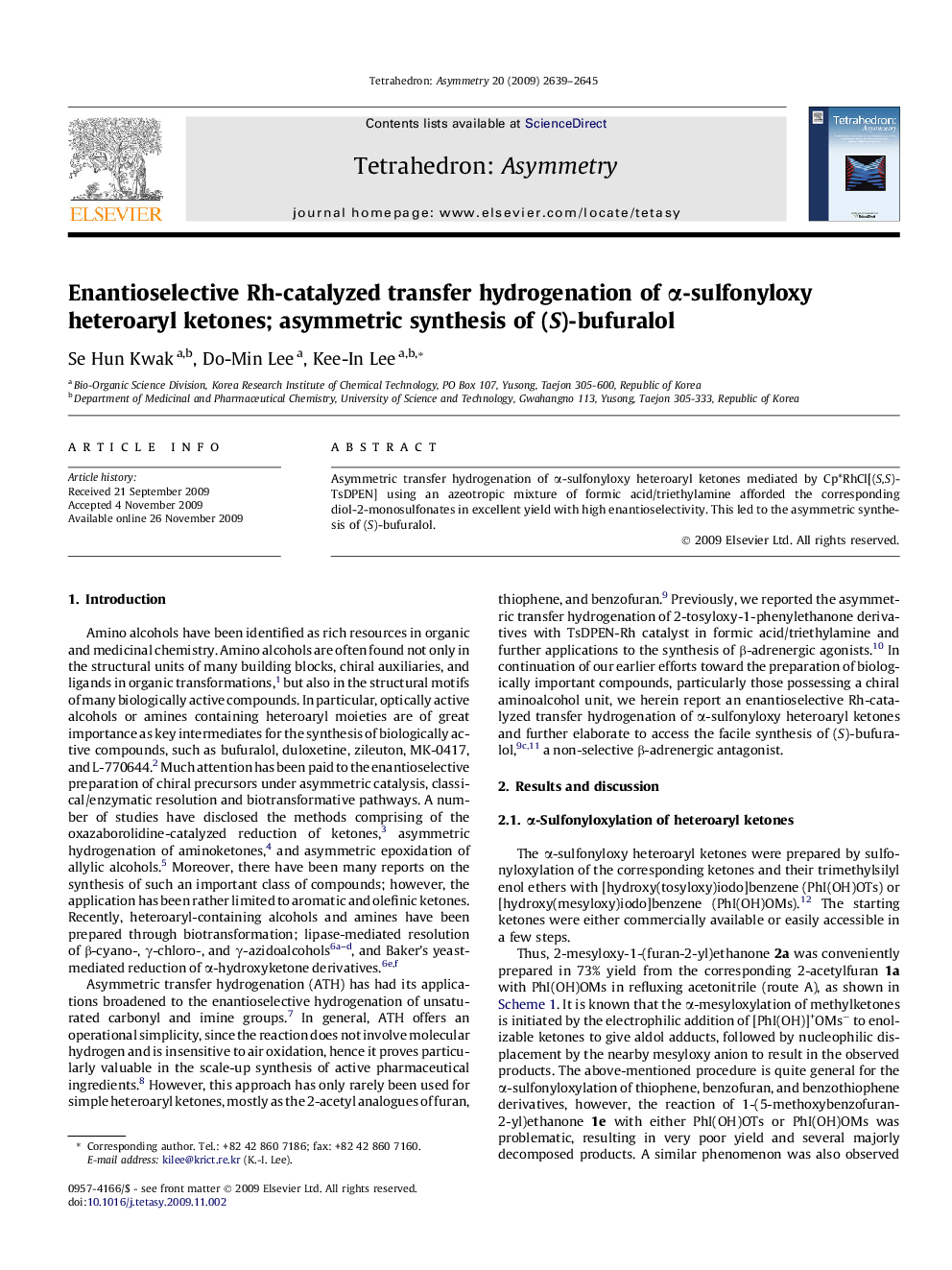 Enantioselective Rh-catalyzed transfer hydrogenation of α-sulfonyloxy heteroaryl ketones; asymmetric synthesis of (S)-bufuralol