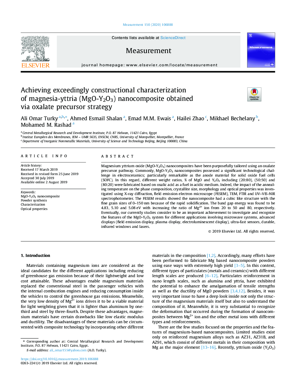 Achieving exceedingly constructional characterization of magnesia-yttria (MgO-Y2O3) nanocomposite obtained via oxalate precursor strategy