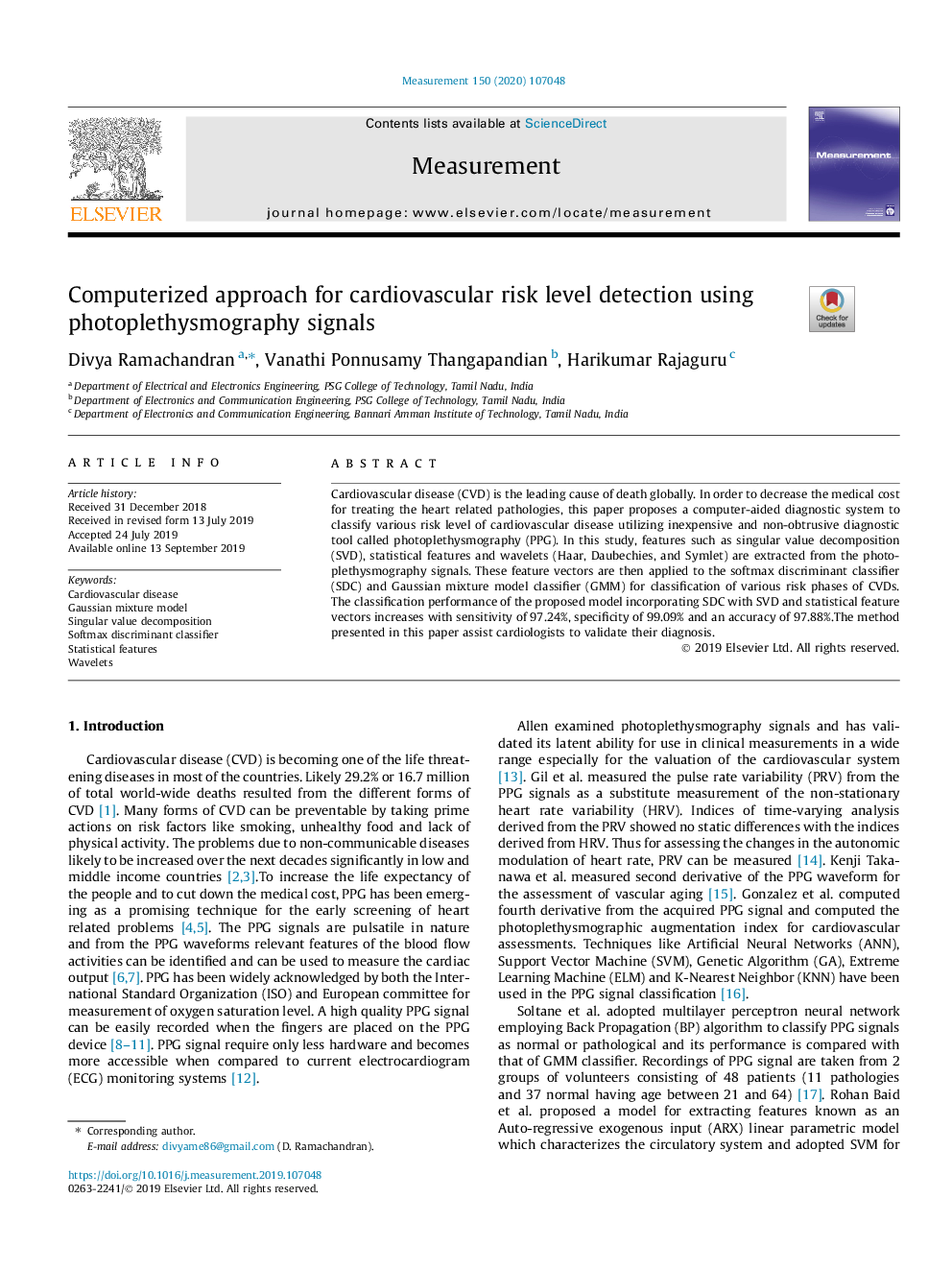 Computerized approach for cardiovascular risk level detection using photoplethysmography signals