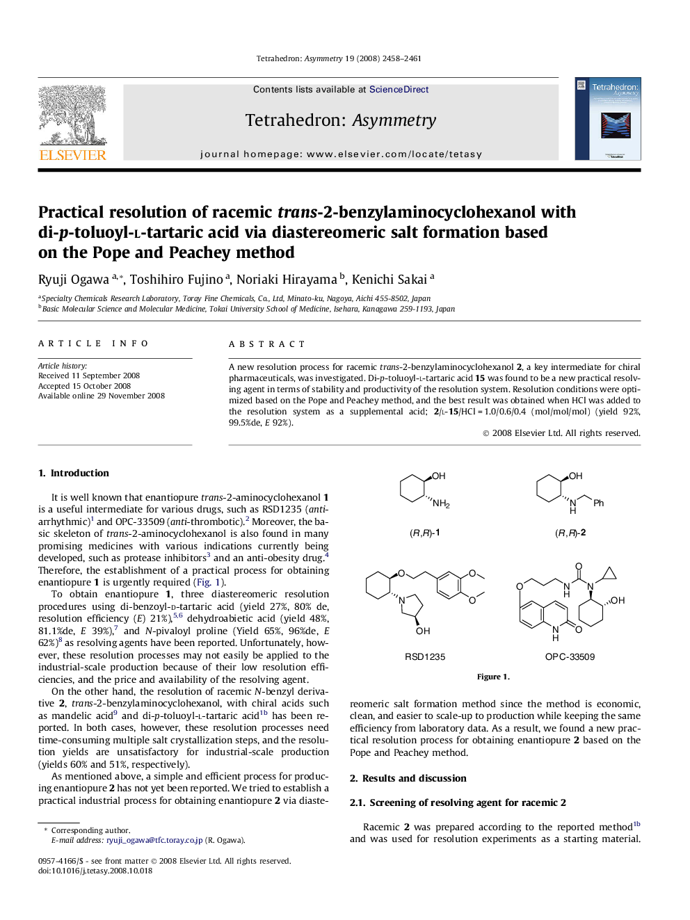 Practical resolution of racemic trans-2-benzylaminocyclohexanol with di-p-toluoyl-l-tartaric acid via diastereomeric salt formation based on the Pope and Peachey method