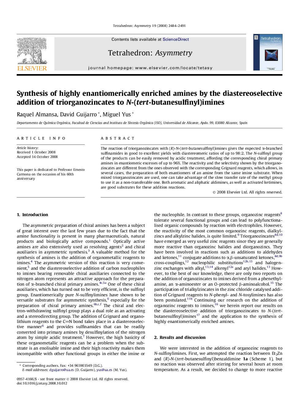 Synthesis of highly enantiomerically enriched amines by the diastereoselective addition of triorganozincates to N-(tert-butanesulfinyl)imines