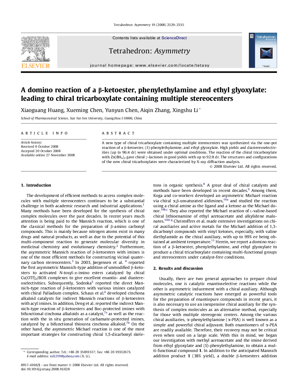 A domino reaction of a β-ketoester, phenylethylamine and ethyl glyoxylate: leading to chiral tricarboxylate containing multiple stereocenters