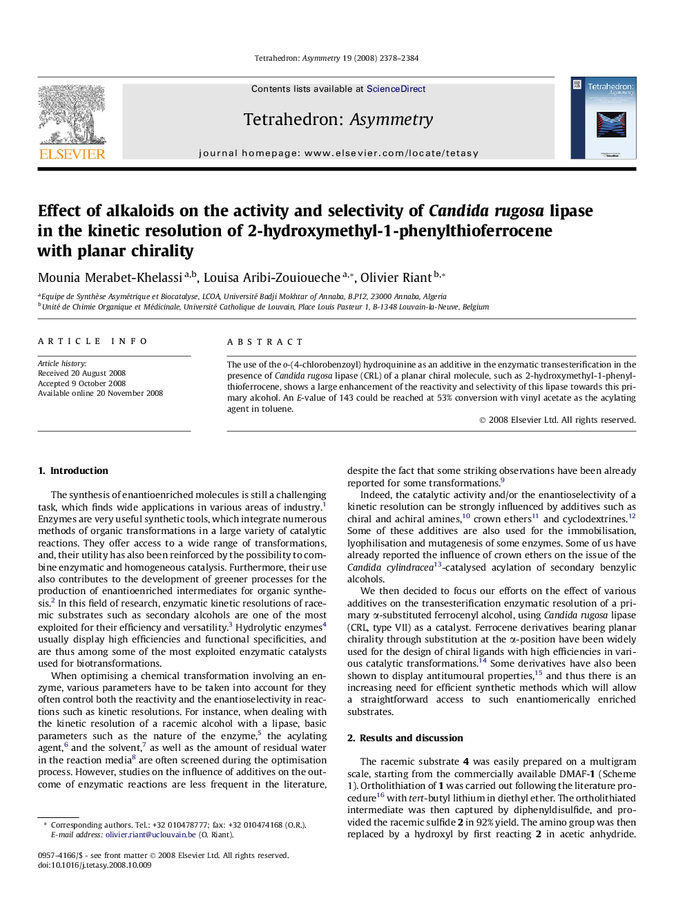 Effect of alkaloids on the activity and selectivity of Candida rugosa lipase in the kinetic resolution of 2-hydroxymethyl-1-phenylthioferrocene with planar chirality