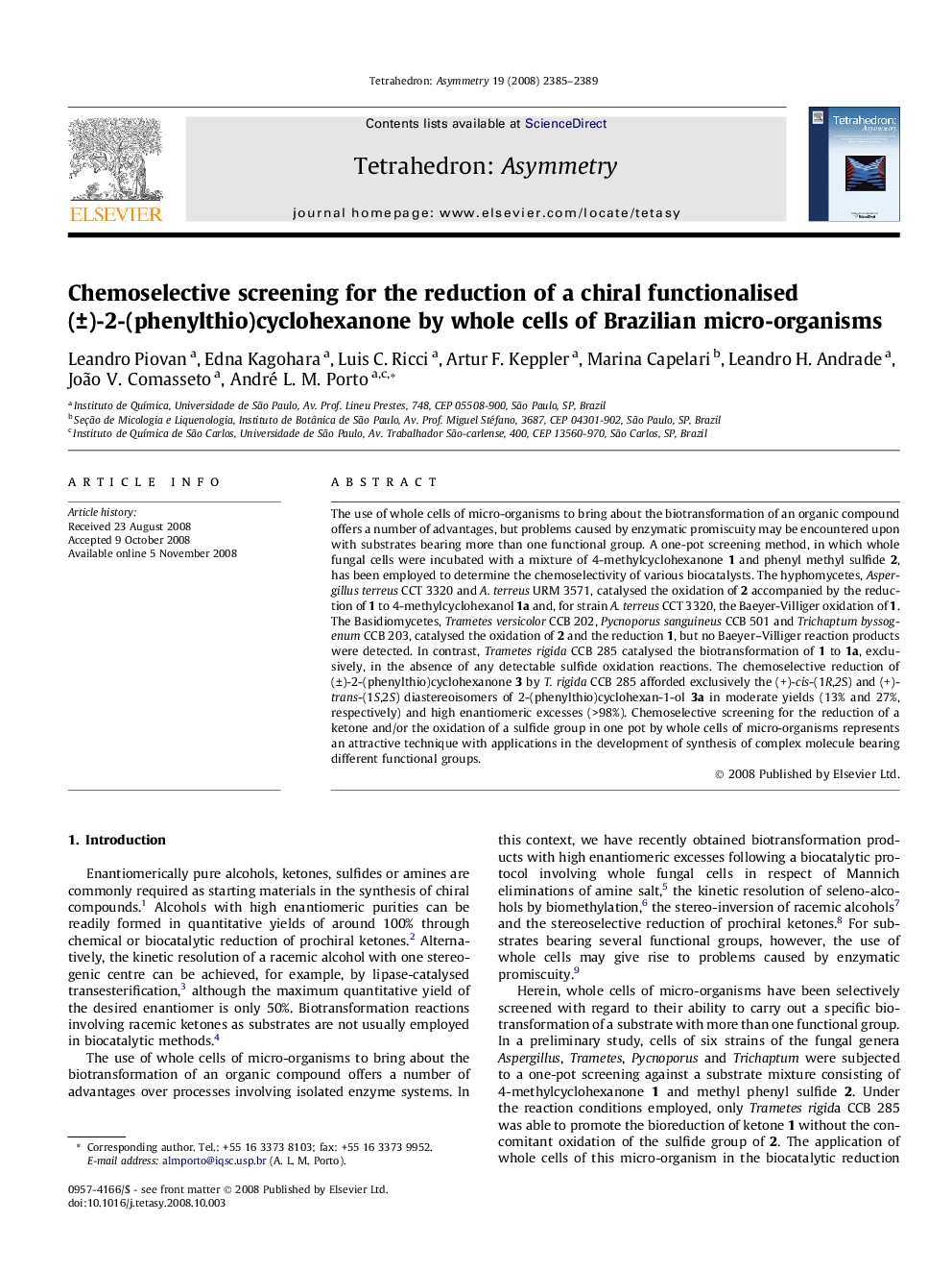 Chemoselective screening for the reduction of a chiral functionalised (±)-2-(phenylthio)cyclohexanone by whole cells of Brazilian micro-organisms