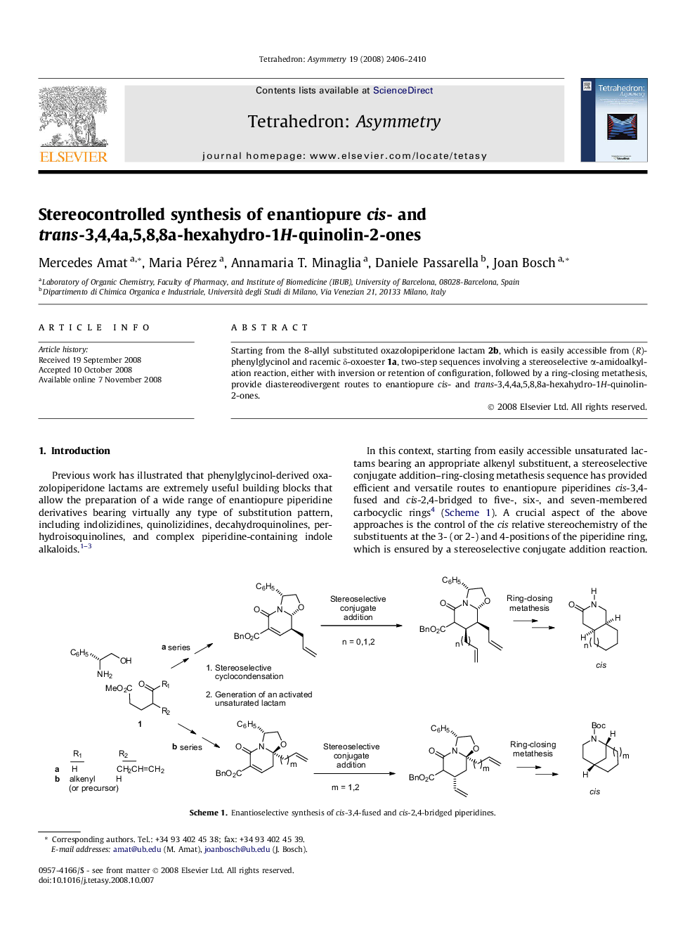 Stereocontrolled synthesis of enantiopure cis- and trans-3,4,4a,5,8,8a-hexahydro-1H-quinolin-2-ones