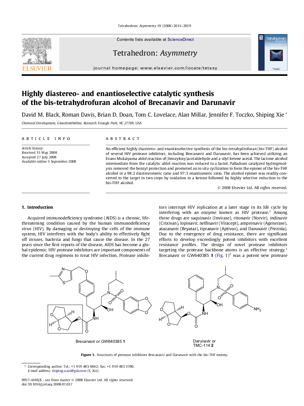 Highly diastereo- and enantioselective catalytic synthesis of the bis-tetrahydrofuran alcohol of Brecanavir and Darunavir