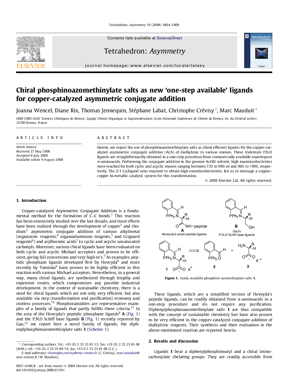 Chiral phosphinoazomethinylate salts as new ‘one-step available’ ligands for copper-catalyzed asymmetric conjugate addition