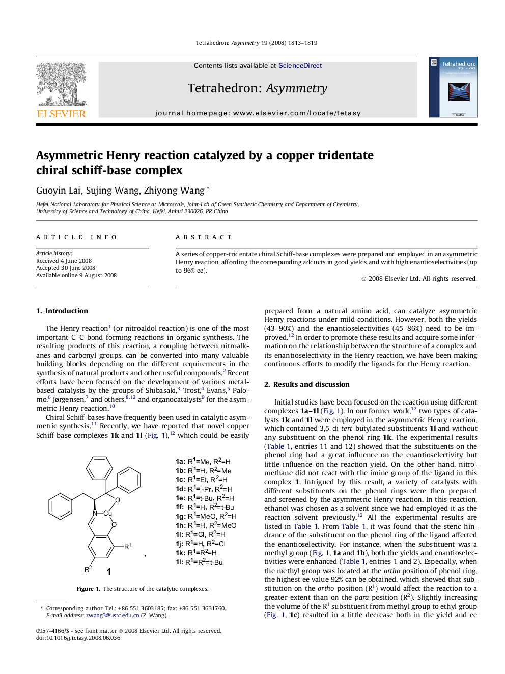 Asymmetric Henry reaction catalyzed by a copper tridentate chiral schiff-base complex