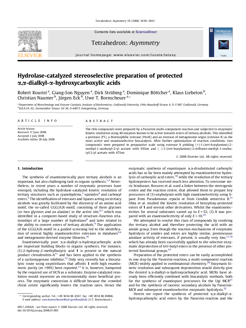 Hydrolase-catalyzed stereoselective preparation of protected α,α-dialkyl-α-hydroxycarboxylic acids