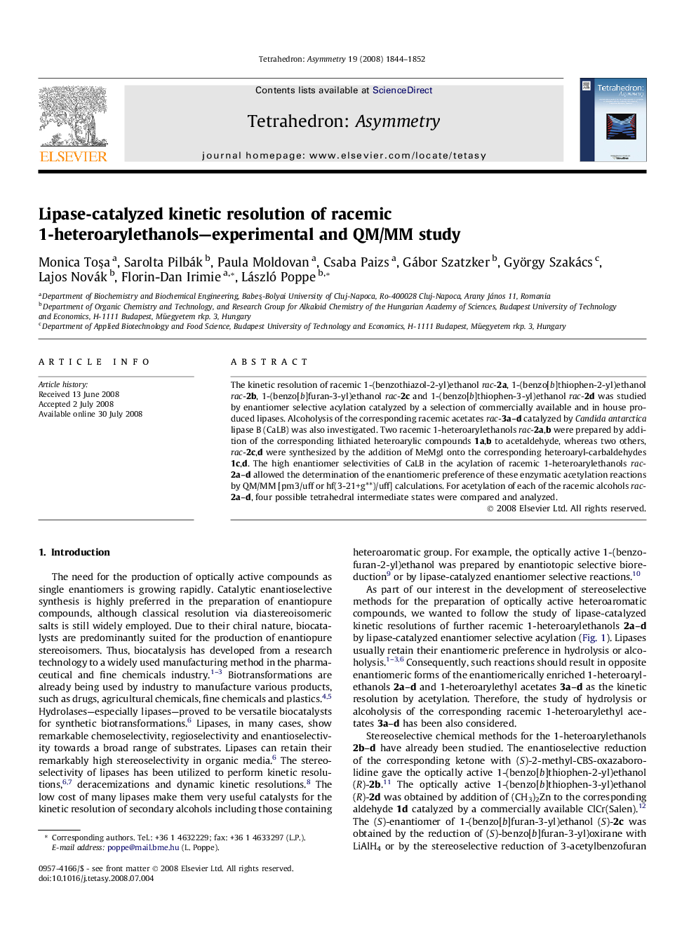Lipase-catalyzed kinetic resolution of racemic 1-heteroarylethanols—experimental and QM/MM study