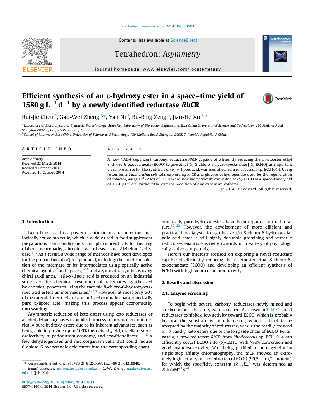 Efficient synthesis of an ε-hydroxy ester in a space–time yield of 1580 g L−1 d−1 by a newly identified reductase RhCR