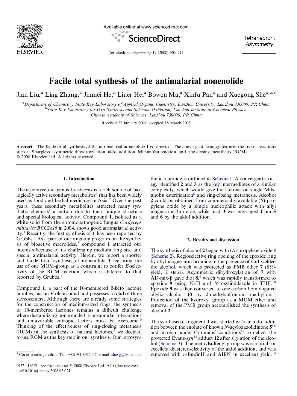 Facile total synthesis of the antimalarial nonenolide