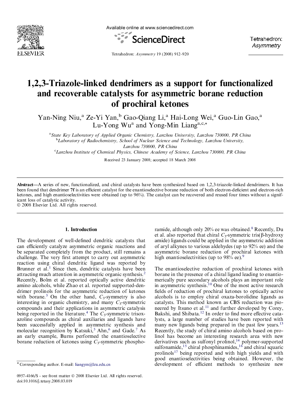 1,2,3-Triazole-linked dendrimers as a support for functionalized and recoverable catalysts for asymmetric borane reduction of prochiral ketones