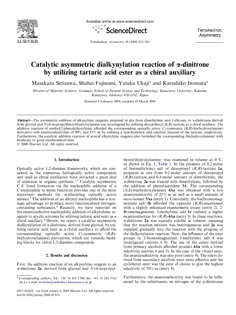 Catalytic asymmetric dialkynylation reaction of α-dinitrone by utilizing tartaric acid ester as a chiral auxiliary