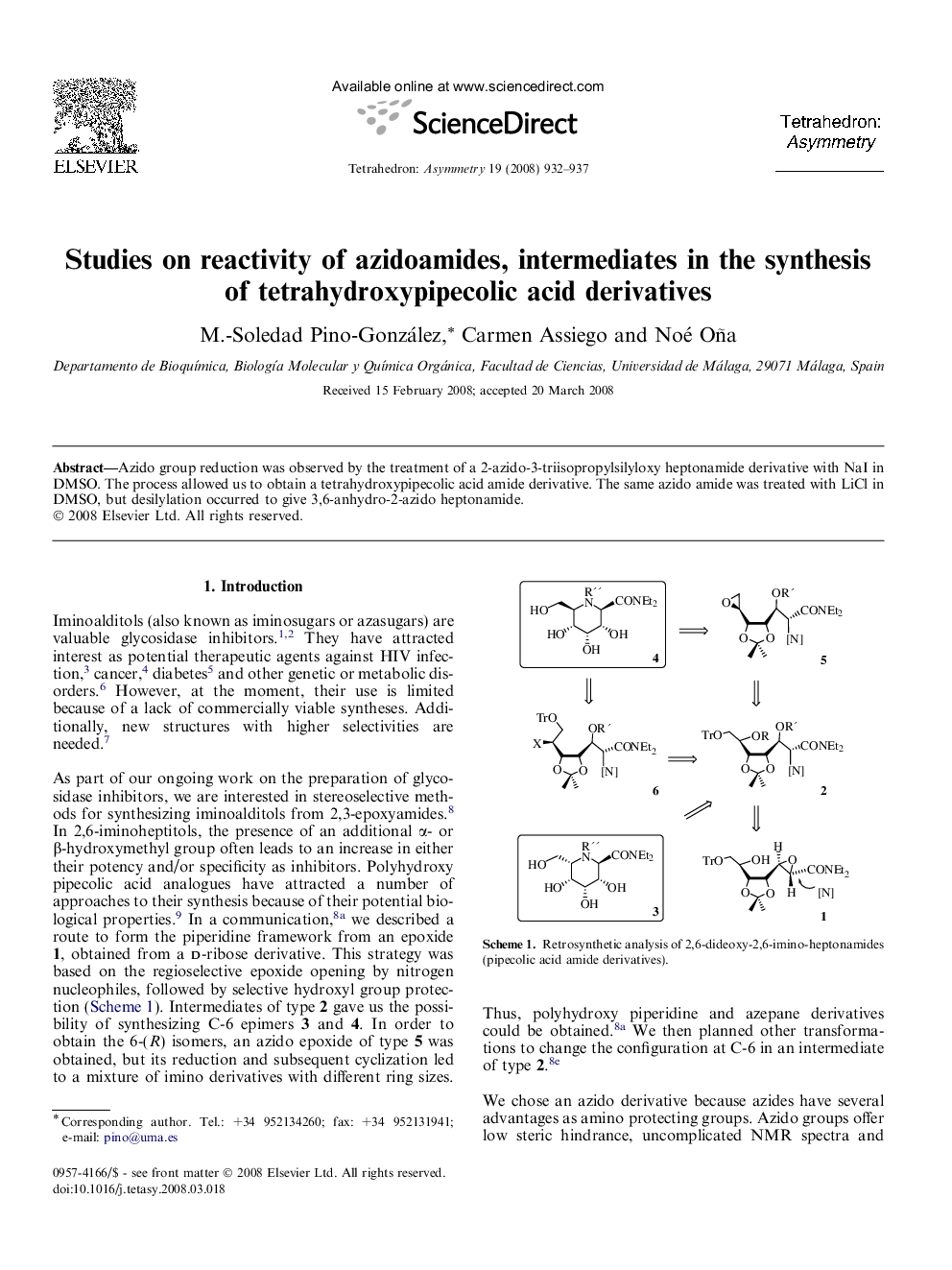 Studies on reactivity of azidoamides, intermediates in the synthesis of tetrahydroxypipecolic acid derivatives