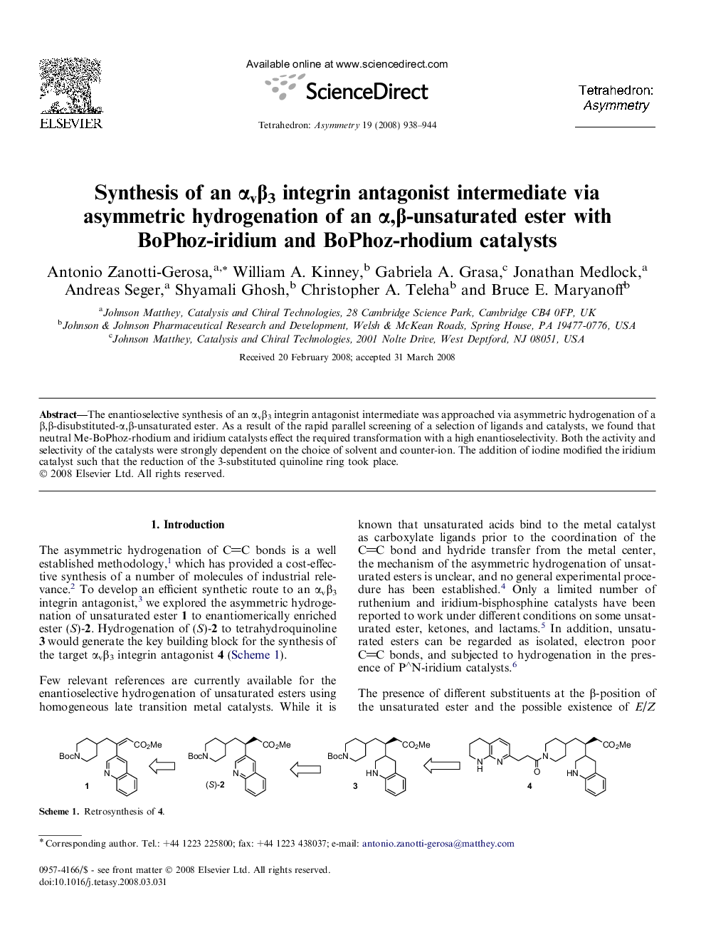 Synthesis of an αvβ3 integrin antagonist intermediate via asymmetric hydrogenation of an α,β-unsaturated ester with BoPhoz-iridium and BoPhoz-rhodium catalysts