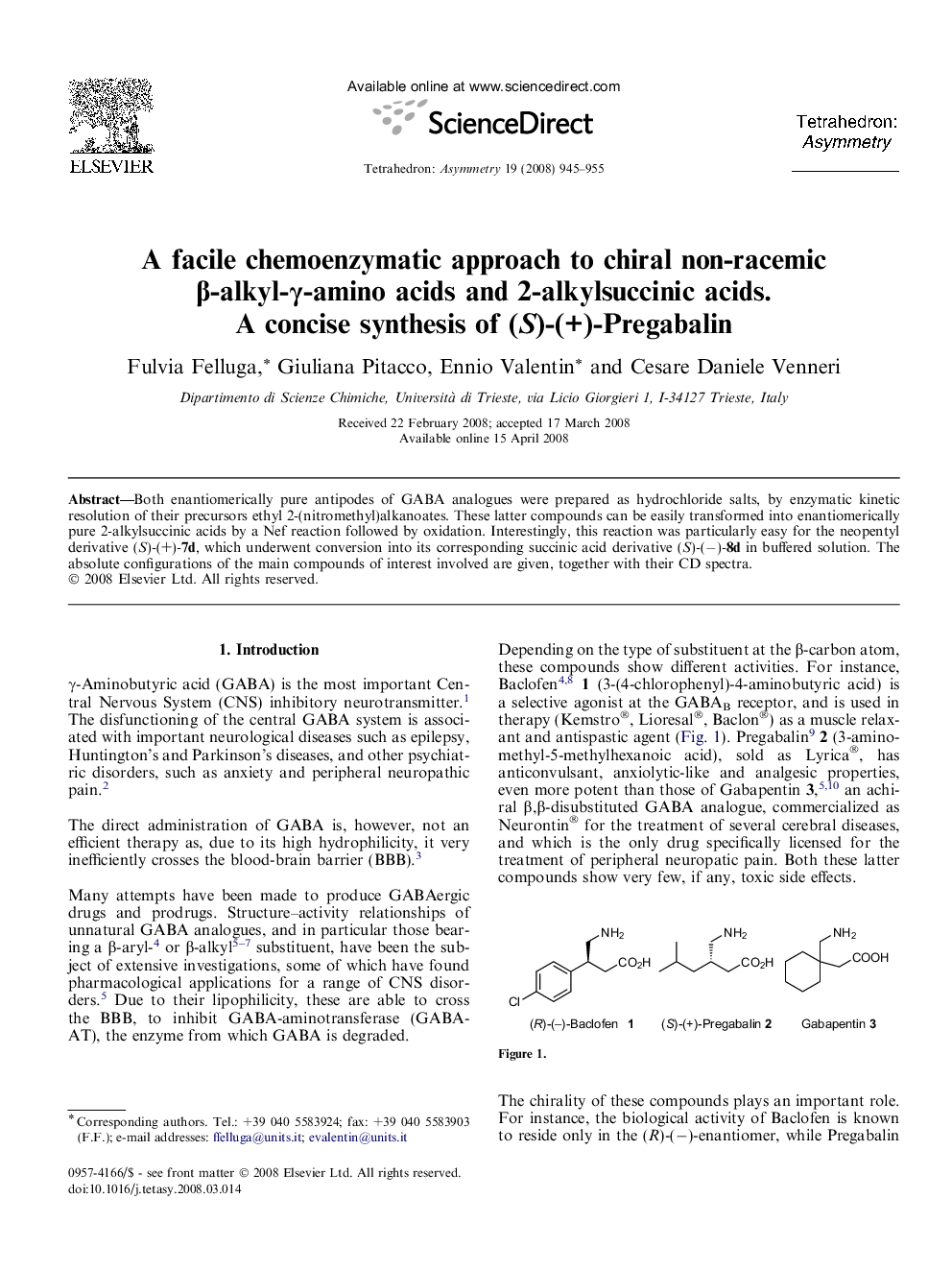 A facile chemoenzymatic approach to chiral non-racemic β-alkyl-γ-amino acids and 2-alkylsuccinic acids. A concise synthesis of (S)-(+)-Pregabalin