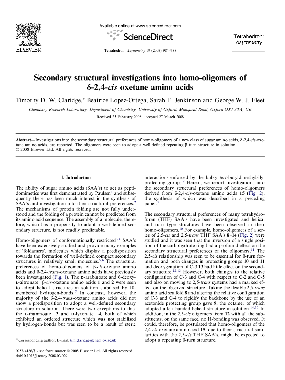 Secondary structural investigations into homo-oligomers of δ-2,4-cis oxetane amino acids