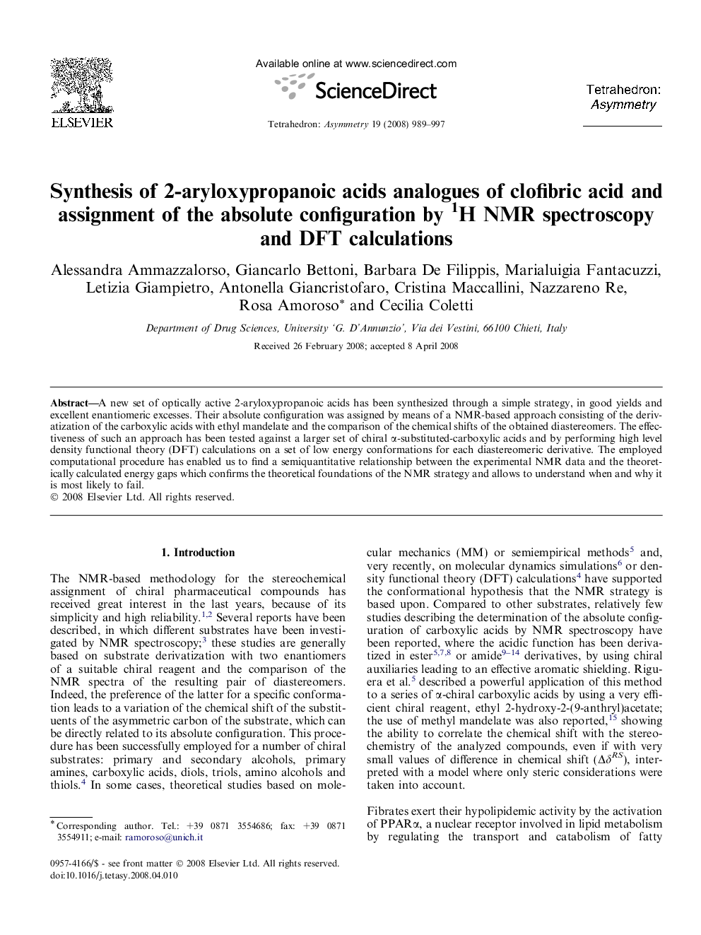 Synthesis of 2-aryloxypropanoic acids analogues of clofibric acid and assignment of the absolute configuration by 1H NMR spectroscopy and DFT calculations