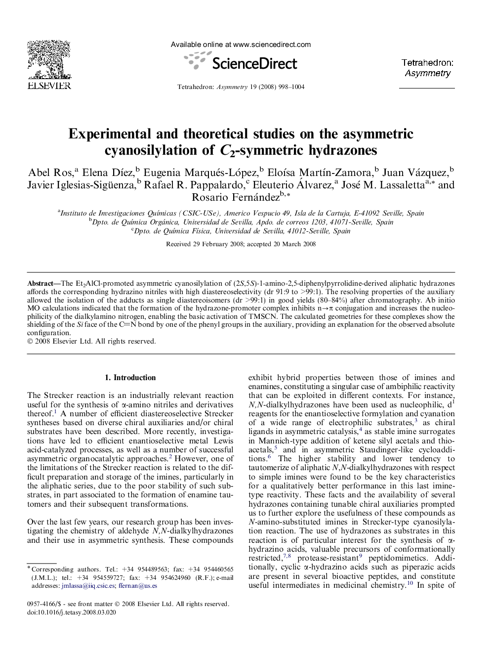 Experimental and theoretical studies on the asymmetric cyanosilylation of C2-symmetric hydrazones