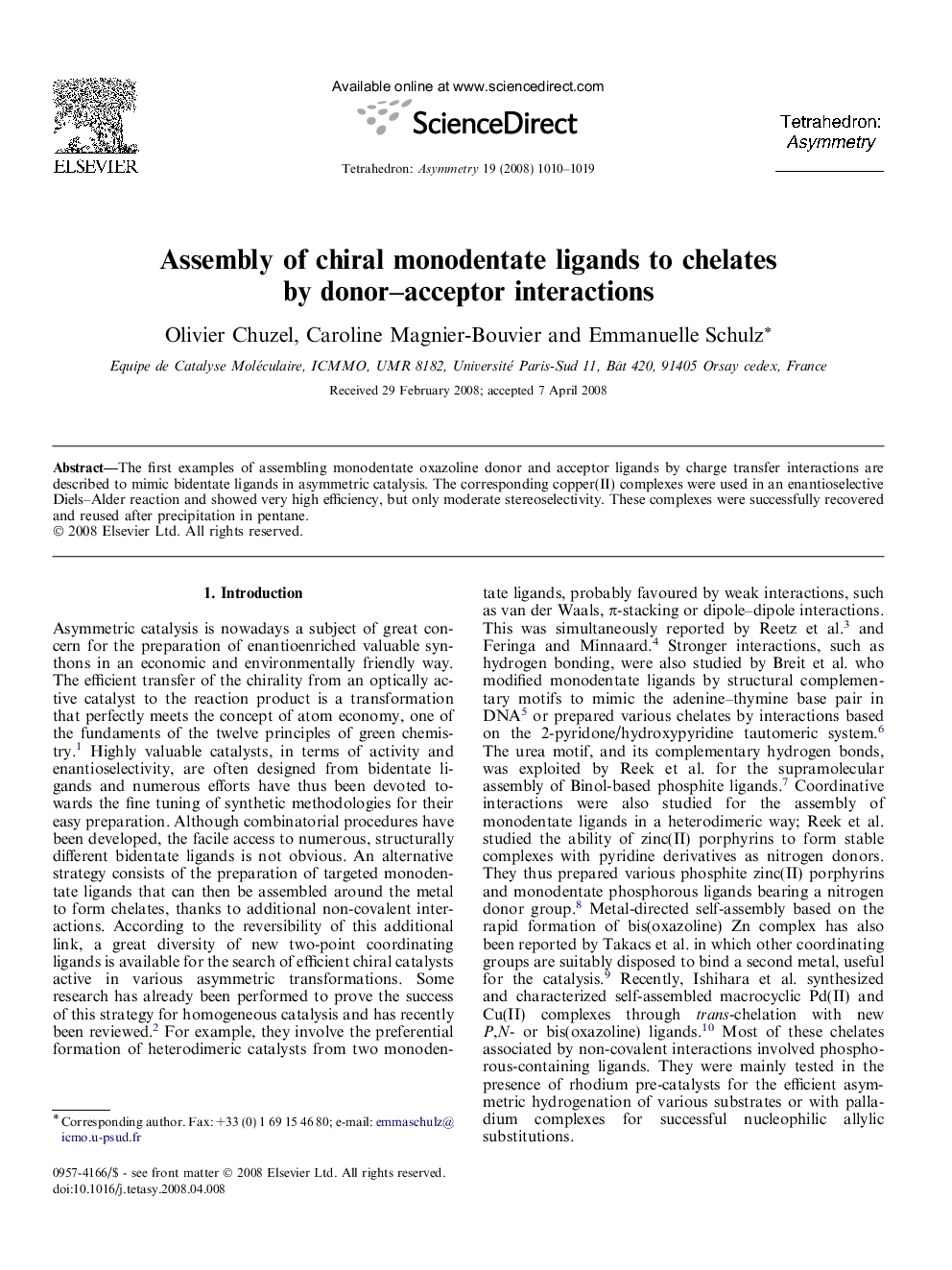 Assembly of chiral monodentate ligands to chelates by donor–acceptor interactions