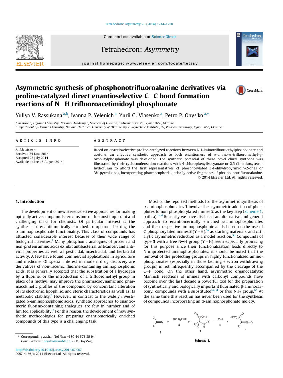 Asymmetric synthesis of phosphonotrifluoroalanine derivatives via proline-catalyzed direct enantioselective CC bond formation reactions of NH trifluoroacetimidoyl phosphonate