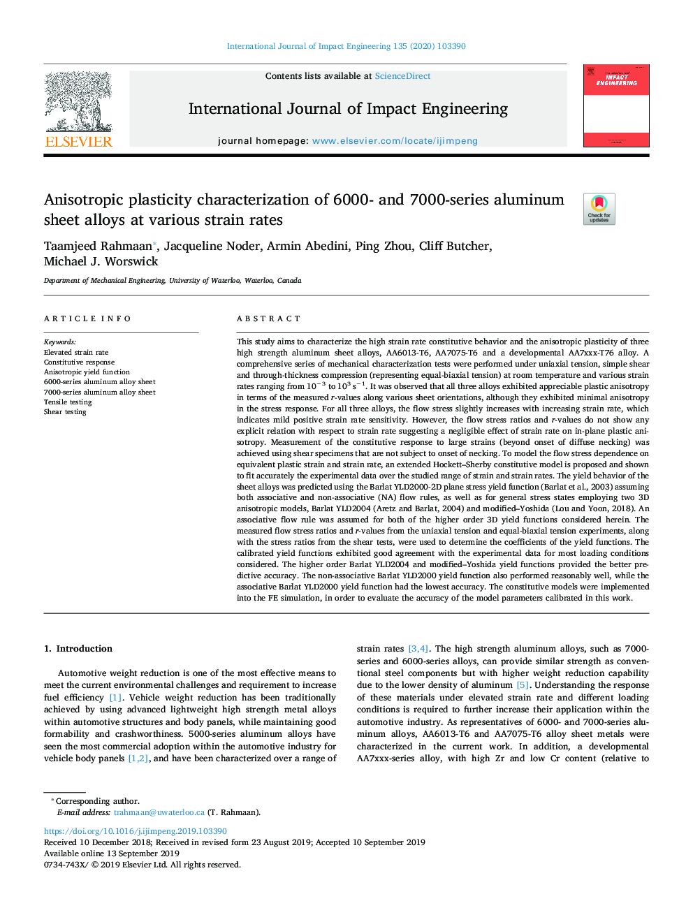 Anisotropic plasticity characterization of 6000- and 7000-series aluminum sheet alloys at various strain rates