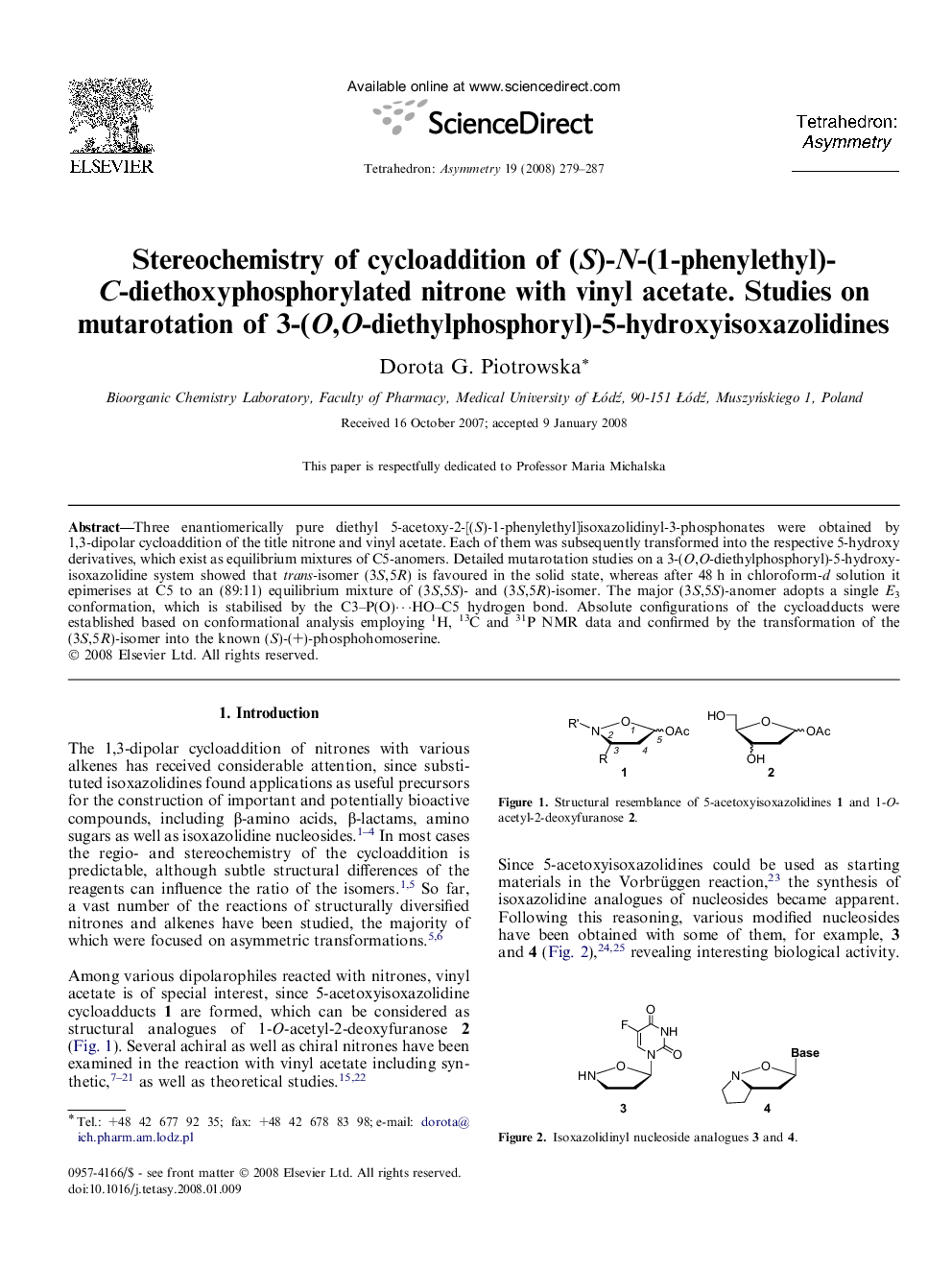 Stereochemistry of cycloaddition of (S)-N-(1-phenylethyl)-C-diethoxyphosphorylated nitrone with vinyl acetate. Studies on mutarotation of 3-(O,O-diethylphosphoryl)-5-hydroxyisoxazolidines
