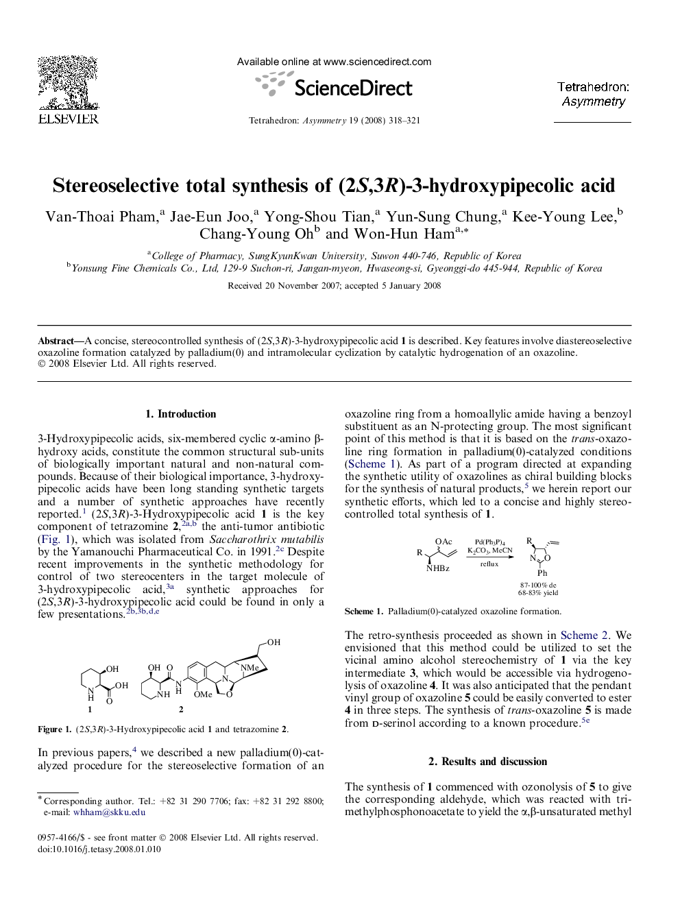 Stereoselective total synthesis of (2S,3R)-3-hydroxypipecolic acid