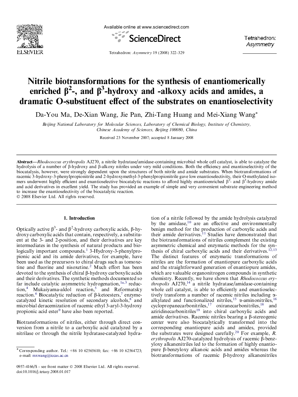 Nitrile biotransformations for the synthesis of enantiomerically enriched β2-, and β3-hydroxy and -alkoxy acids and amides, a dramatic O-substituent effect of the substrates on enantioselectivity