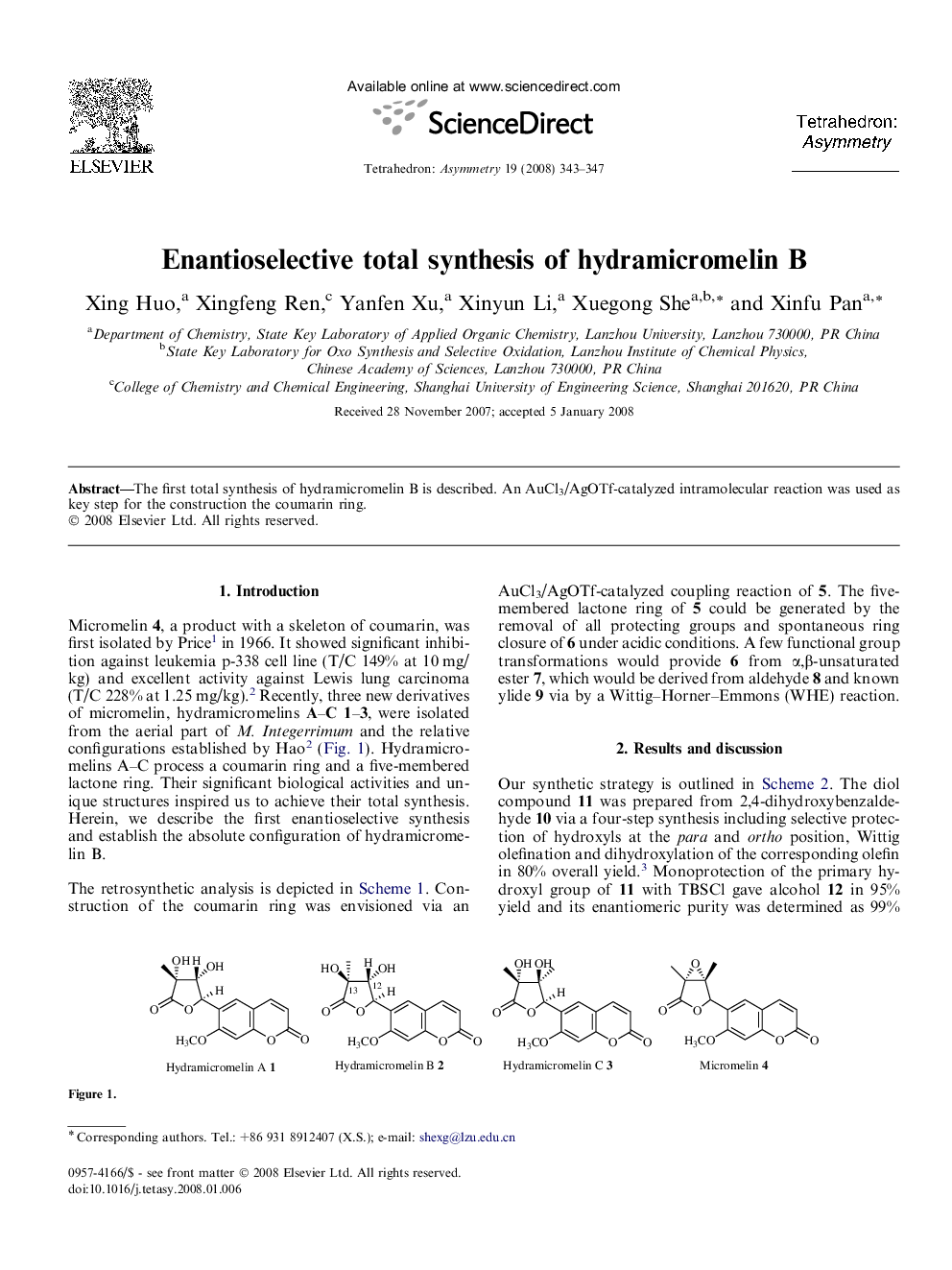 Enantioselective total synthesis of hydramicromelin B