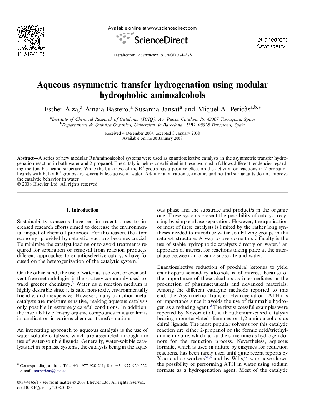 Aqueous asymmetric transfer hydrogenation using modular hydrophobic aminoalcohols