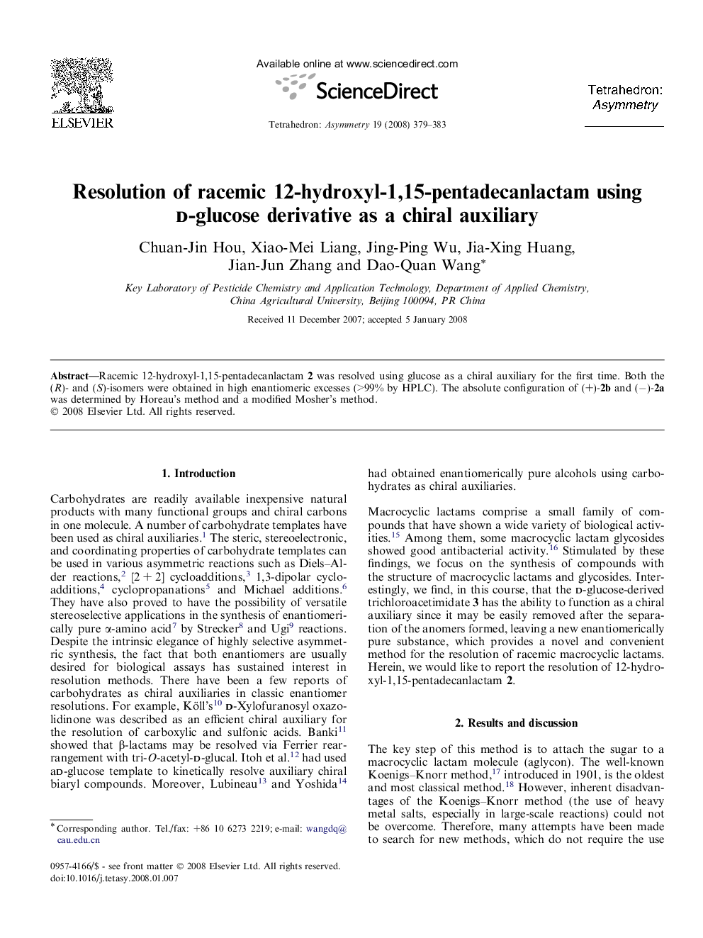 Resolution of racemic 12-hydroxyl-1,15-pentadecanlactam using d-glucose derivative as a chiral auxiliary