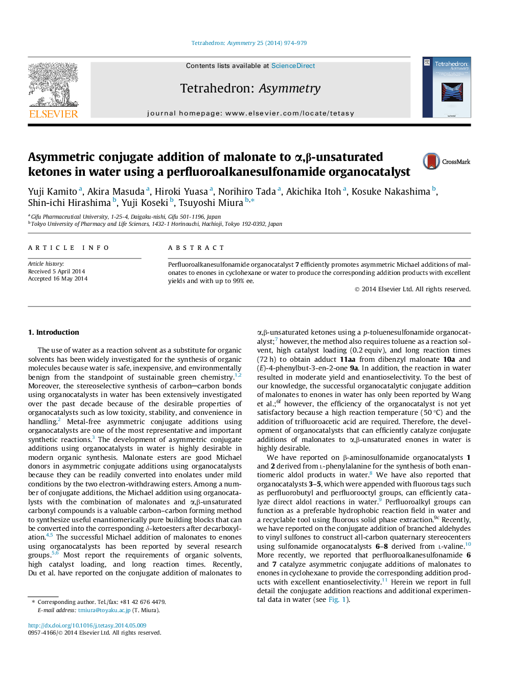 Asymmetric conjugate addition of malonate to α,β-unsaturated ketones in water using a perfluoroalkanesulfonamide organocatalyst