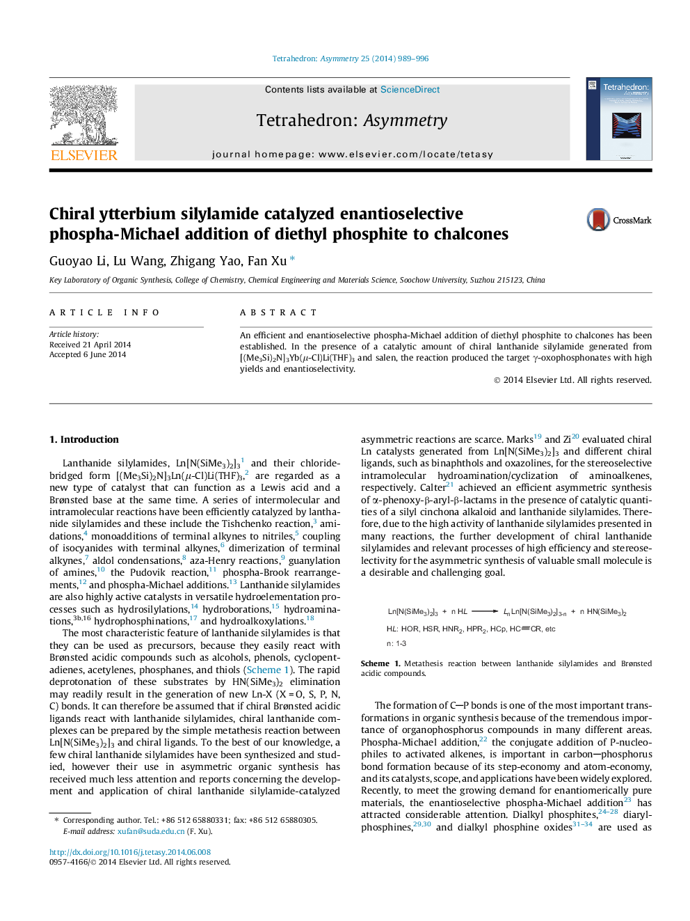 Chiral ytterbium silylamide catalyzed enantioselective phospha-Michael addition of diethyl phosphite to chalcones