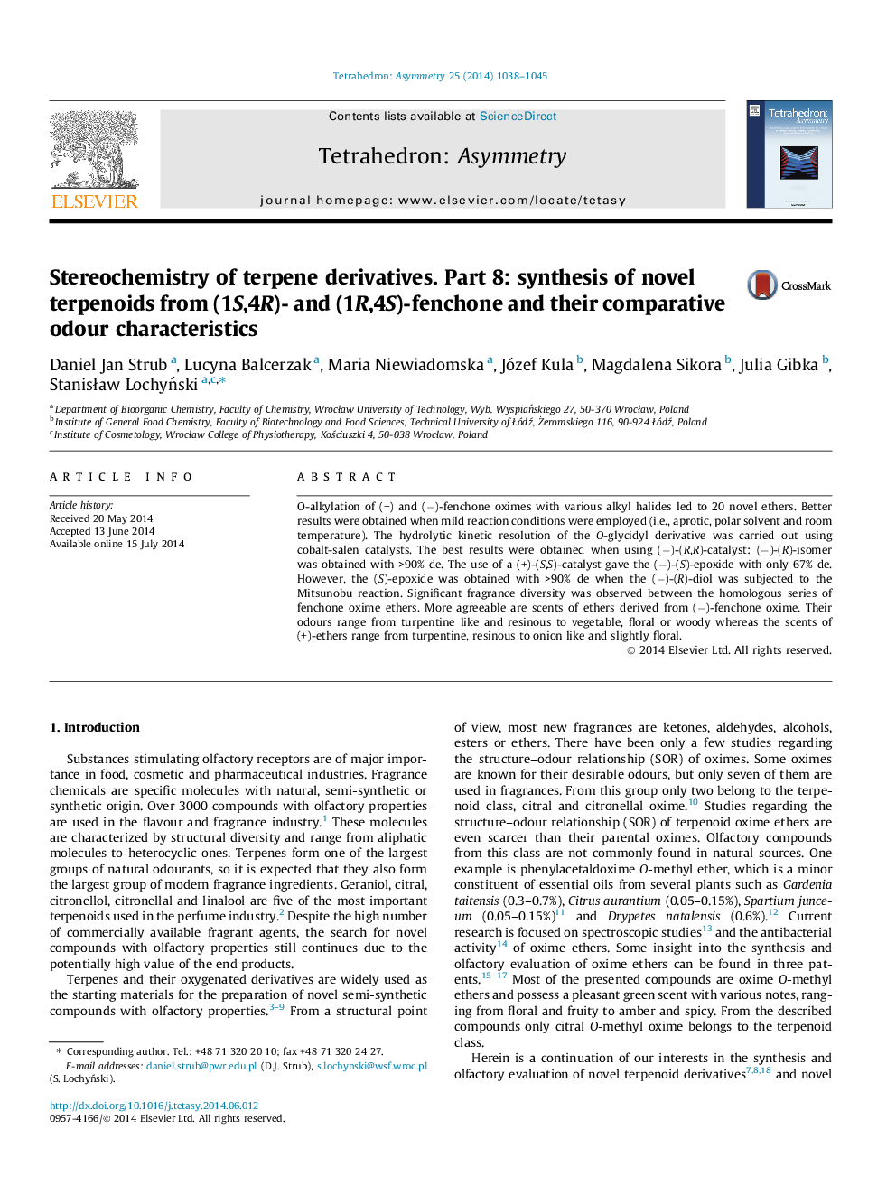 Stereochemistry of terpene derivatives. Part 8: synthesis of novel terpenoids from (1S,4R)- and (1R,4S)-fenchone and their comparative odour characteristics