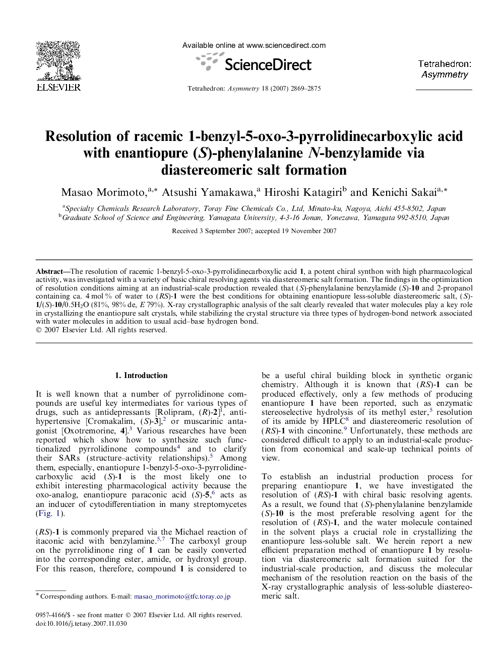 Resolution of racemic 1-benzyl-5-oxo-3-pyrrolidinecarboxylic acid with enantiopure (S)-phenylalanine N-benzylamide via diastereomeric salt formation