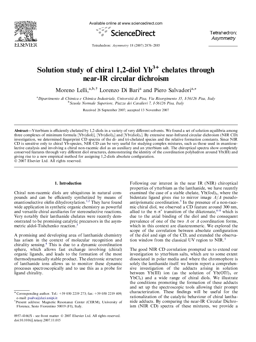 Solution study of chiral 1,2-diol Yb3+ chelates through near-IR circular dichroism