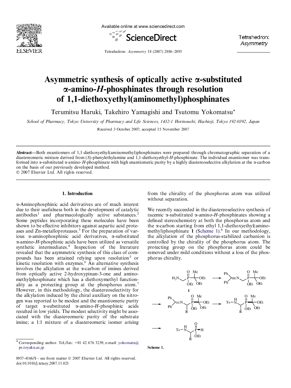 Asymmetric synthesis of optically active α-substituted α-amino-H-phosphinates through resolution of 1,1-diethoxyethyl(aminomethyl)phosphinates