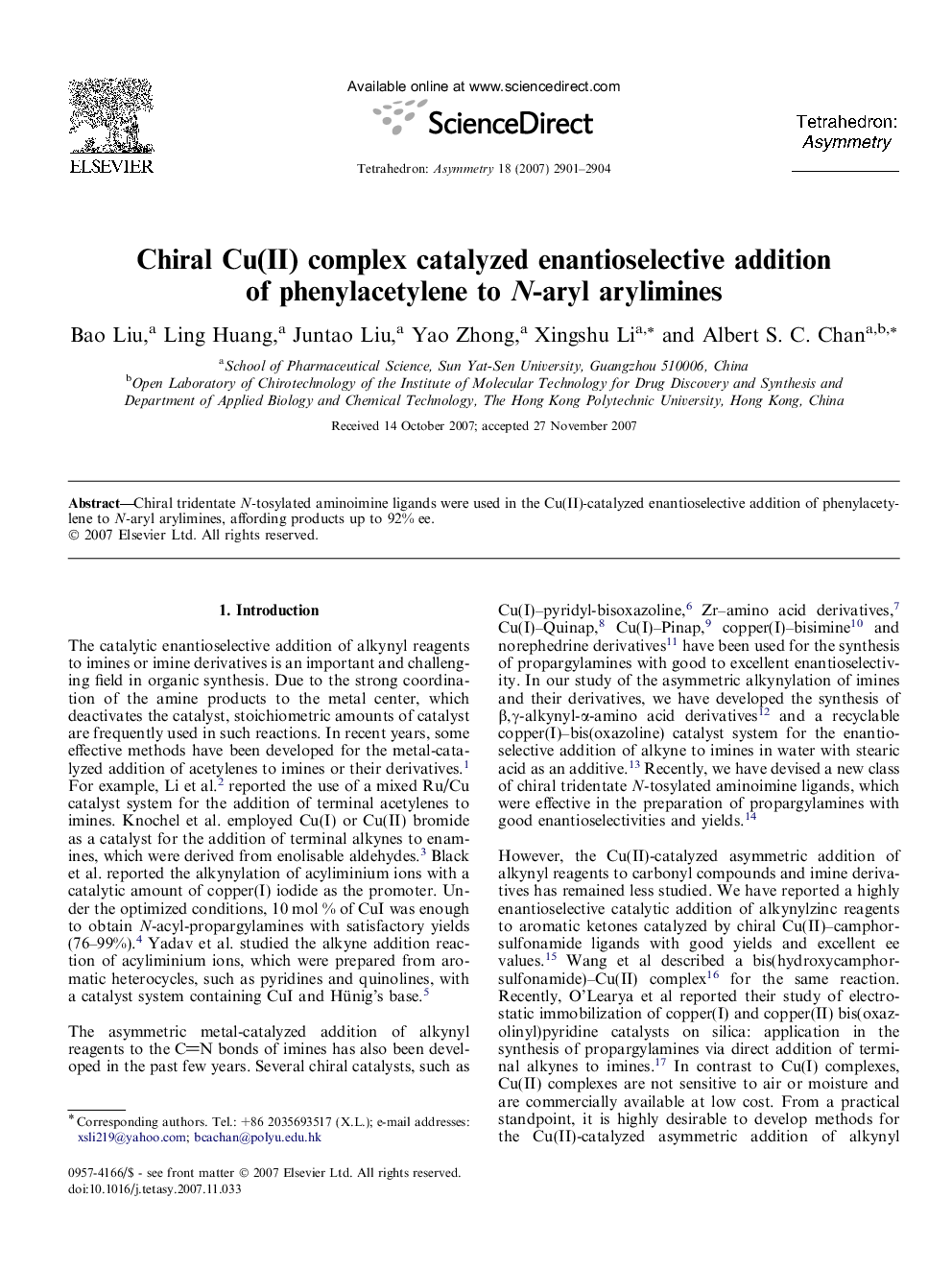 Chiral Cu(II) complex catalyzed enantioselective addition of phenylacetylene to N-aryl arylimines