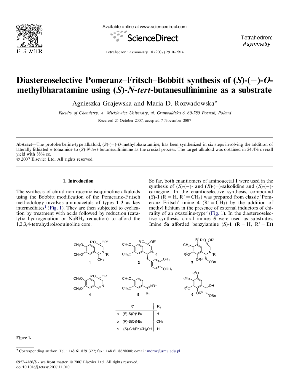 Diastereoselective Pomeranz–Fritsch–Bobbitt synthesis of (S)-(−)-O-methylbharatamine using (S)-N-tert-butanesulfinimine as a substrate